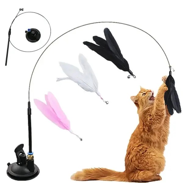 Interactive Hands-Free Cat Feather Teaser Wand with Suction Cup