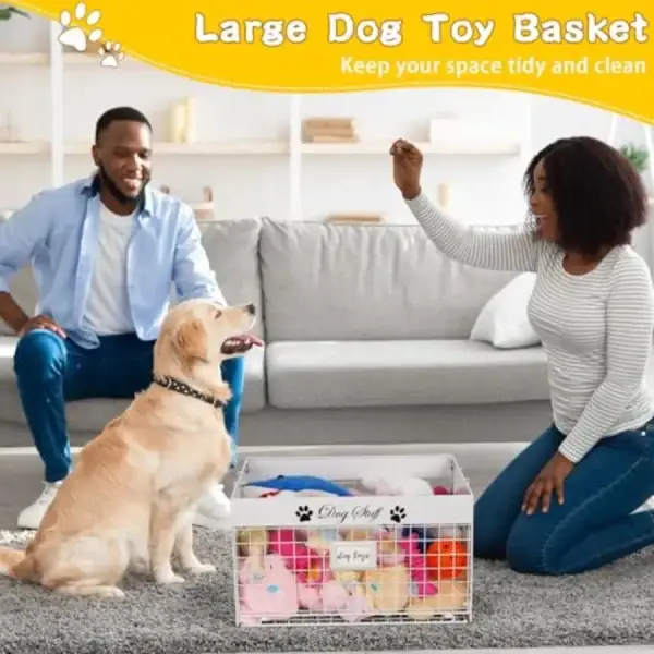 Large Metal Dog Toy Storage Bin with Handles & Label Holder