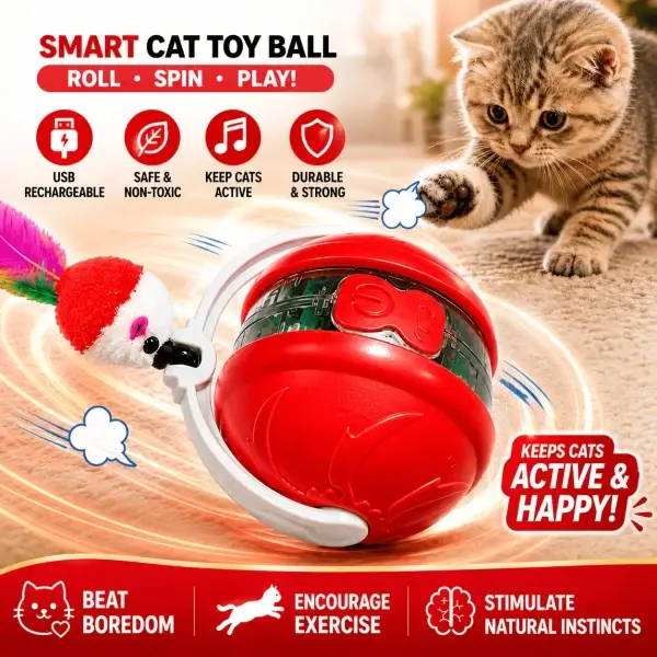 Automatic 3-Speed Rechargeable Interactive Cat Toy Ball with Tail
