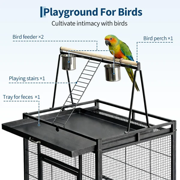 69" Large Metal Parrot Cage with Rolling Stand & Play Top