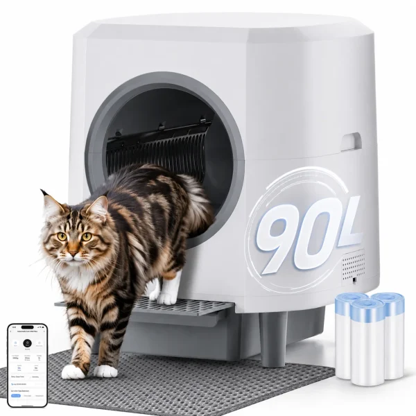 Automatic Litter Box, Self Cleaning , Odor Control, 90L Large Capacity with APP Control and Safety Sensor, for Multiple Large Cat, with 3 Rolls Garbage Bags