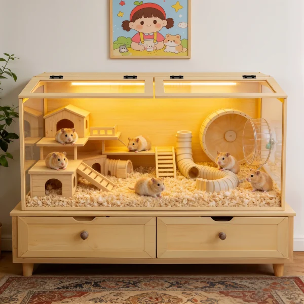 Large Wooden Hamster Cage Clear Tempered Glass, Hutch House, Built-in LED Light