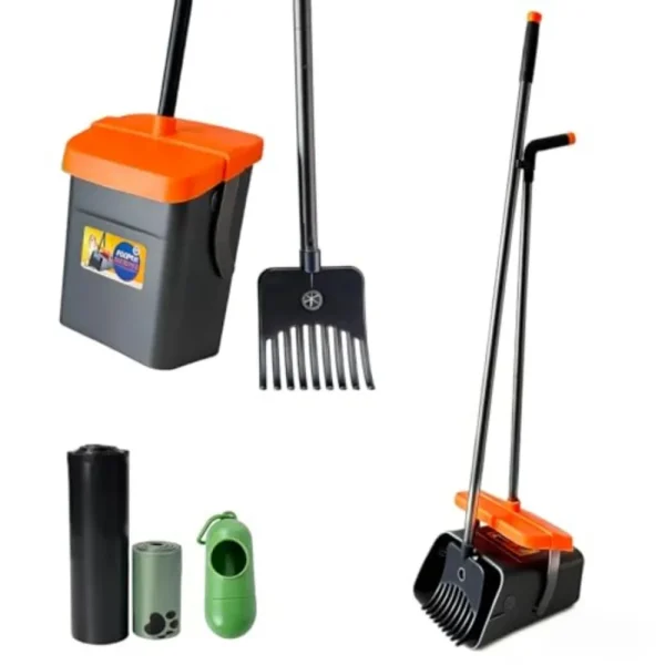 46" Pooper Scooper Swivel Bin & Rake  with Lid for Yard (Orange)